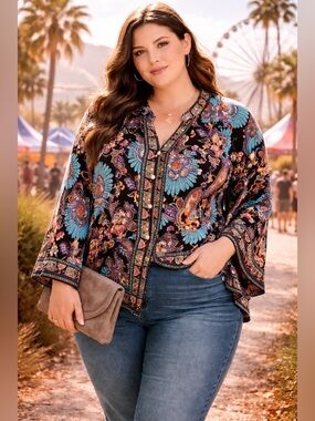 Haute Hippie Paisley Floral Blouse Size 2X Boho Festival Top